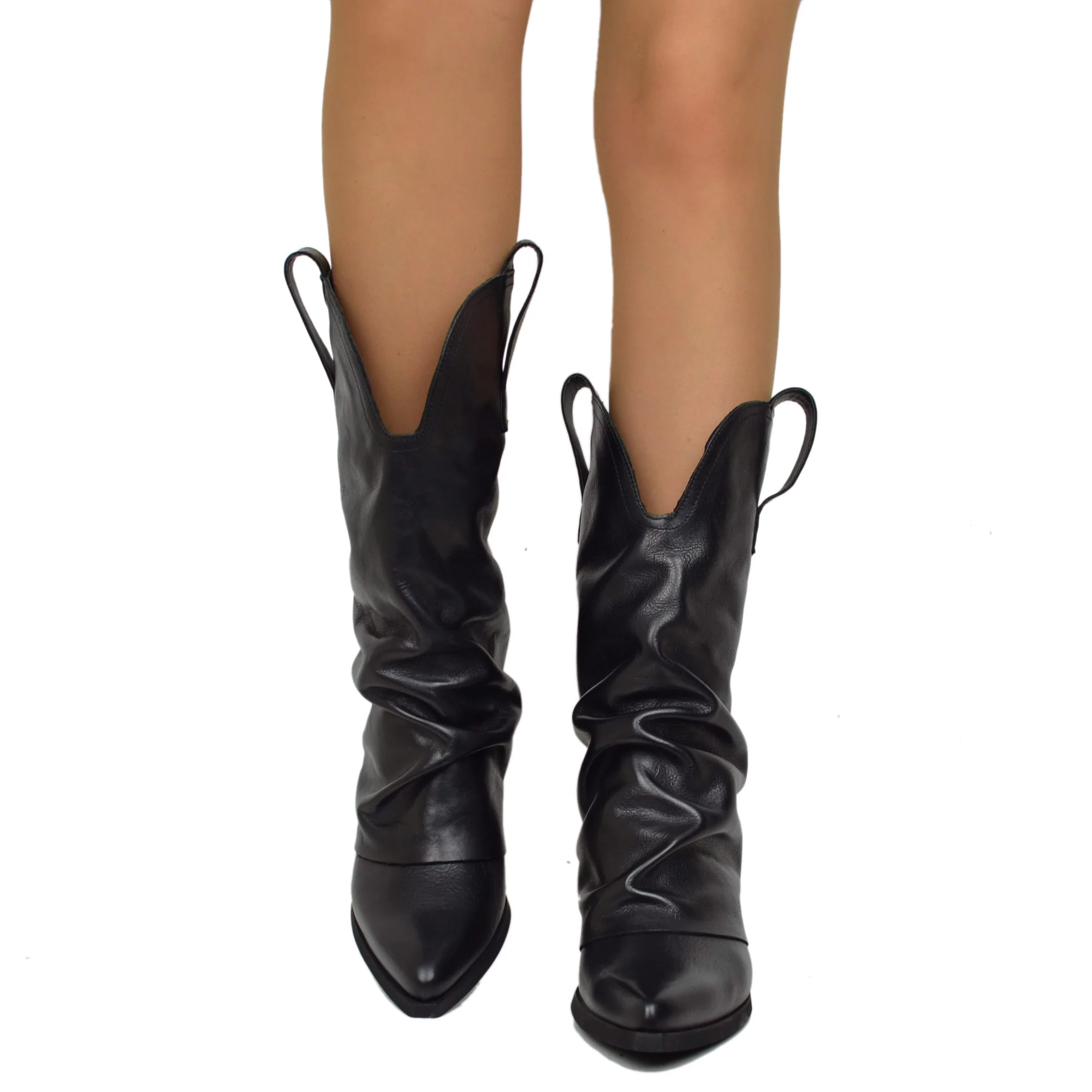 Texanini in Vera Pelle Gambale Medio Neri con Ghetta Tacco 7 Cm - immagine 4