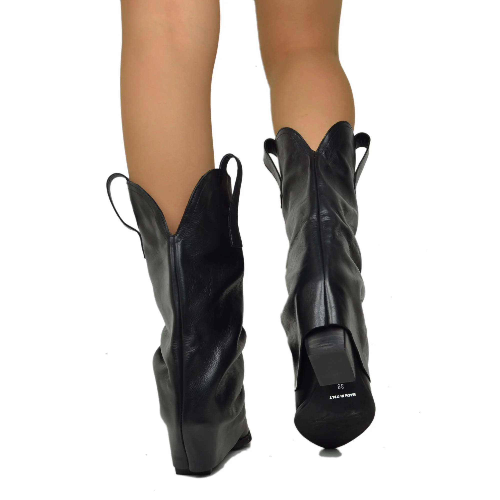 Texanini in Vera Pelle Gambale Medio Neri con Ghetta Tacco 7 Cm - immagine 6