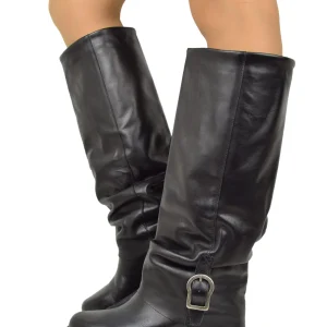 Stivali Biker Con Ghetta Fibbia Argento Vera Pelle Alti Moto KikkiLine