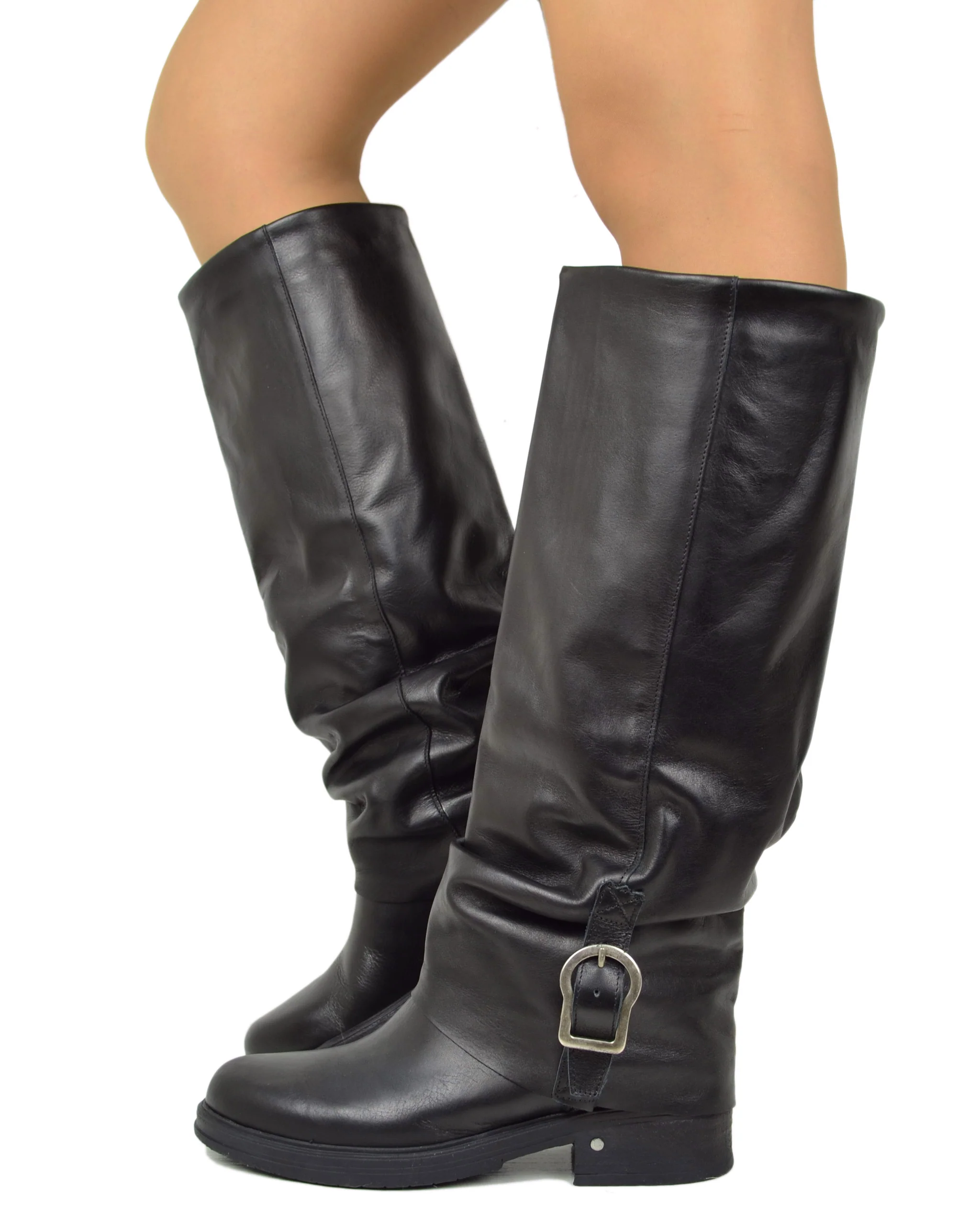 Stivali Biker Con Ghetta Fibbia Argento Vera Pelle Alti Moto KikkiLine