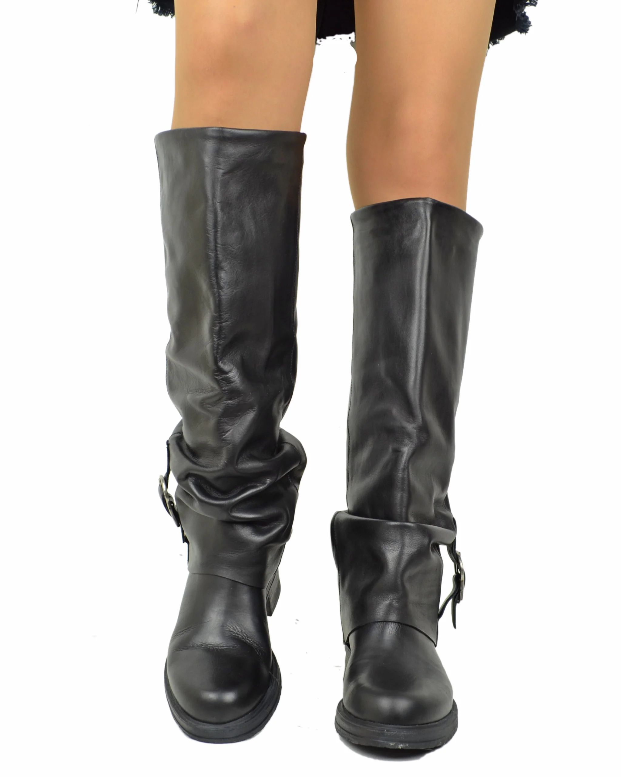 Stivali Biker Con Ghetta Fibbia Argento Vera Pelle Alti Moto KikkiLine - immagine 4