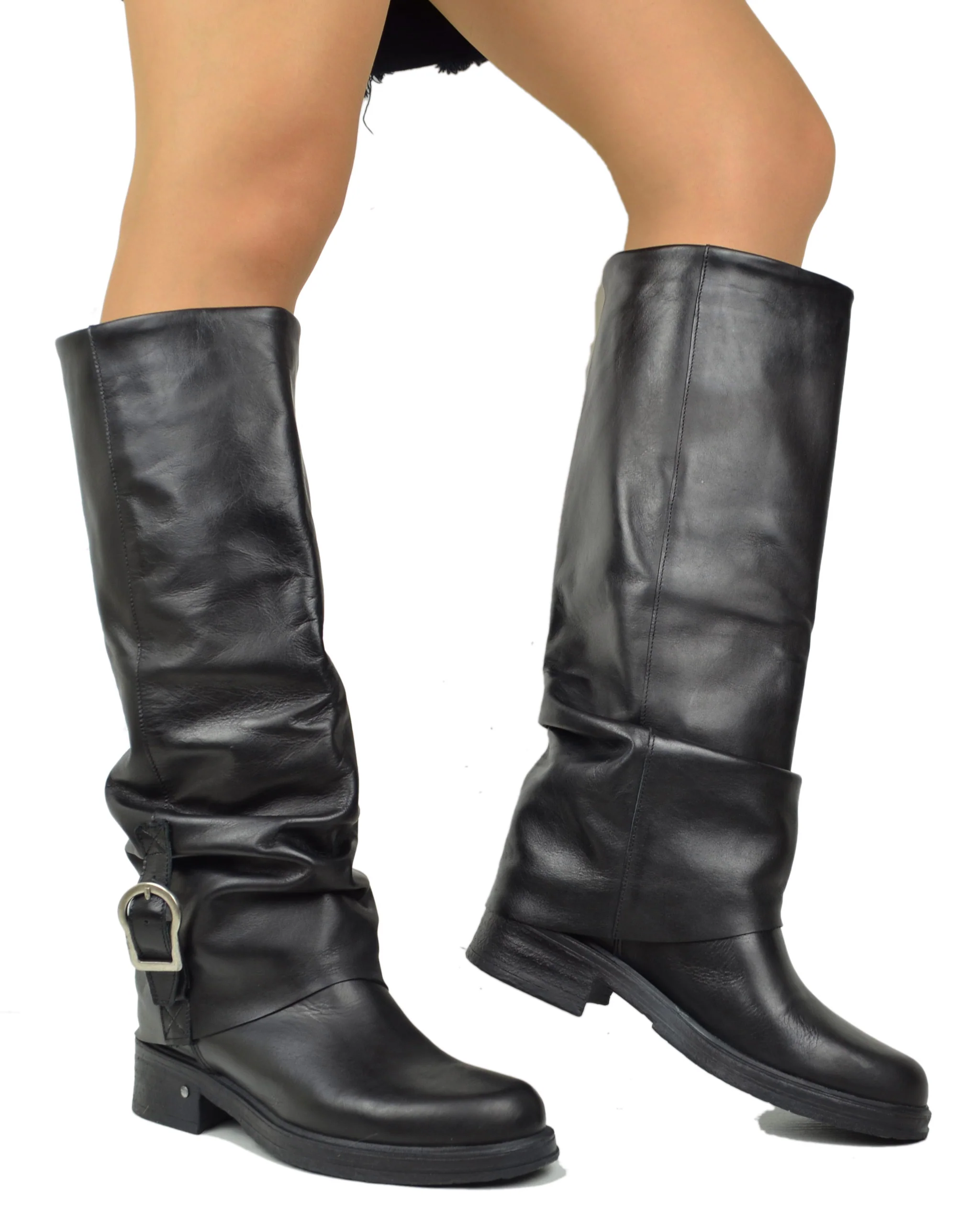 Stivali Biker Con Ghetta Fibbia Argento Vera Pelle Alti Moto KikkiLine - immagine 5