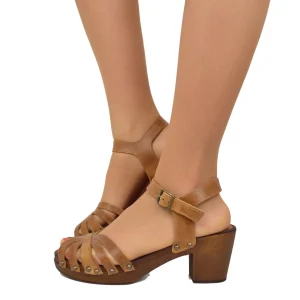 Sandali a Ragnetto in Pelle Ingrassata color Camel Made in Italy