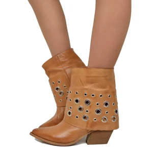 Stivaletti con Ghetta e Borchie Argentate alla Caviglia Vera Pelle Rag Tacco 7 cm