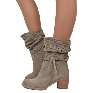 Stivaletti Donna Scamosciati in Pelle Taupe Traforati Made in Italy