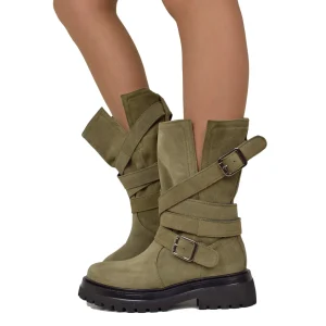 Biker Boots Donna in Pelle Scamosciata Taupe Made in Italy con Fibbie