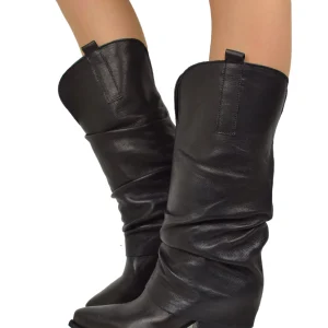 Texani con Gambale Largo e Ghetta Morbida Vera Pelle Tacco 7 cm Neri