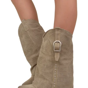 Texani con Ghetta Traforata Estivi Gambale Largo Pelle Scamosciata Taupe