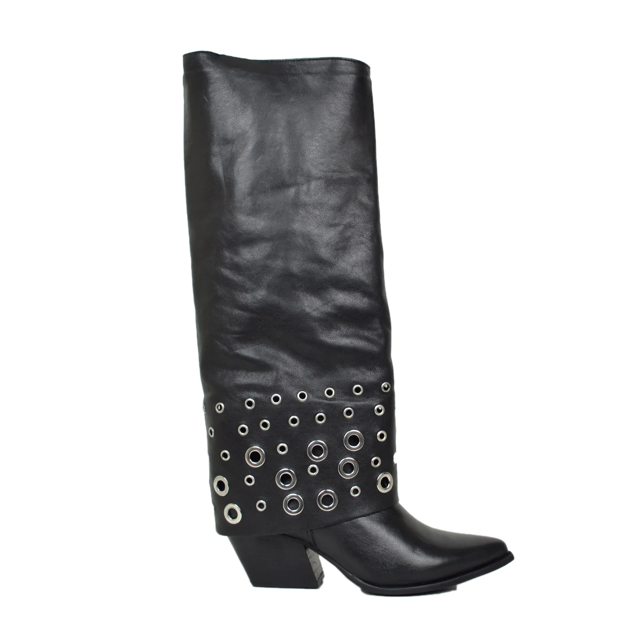 Stivali con Ghetta e Borchie Argentate a Cerchio Rock Vera Pelle Nera - immagine 3