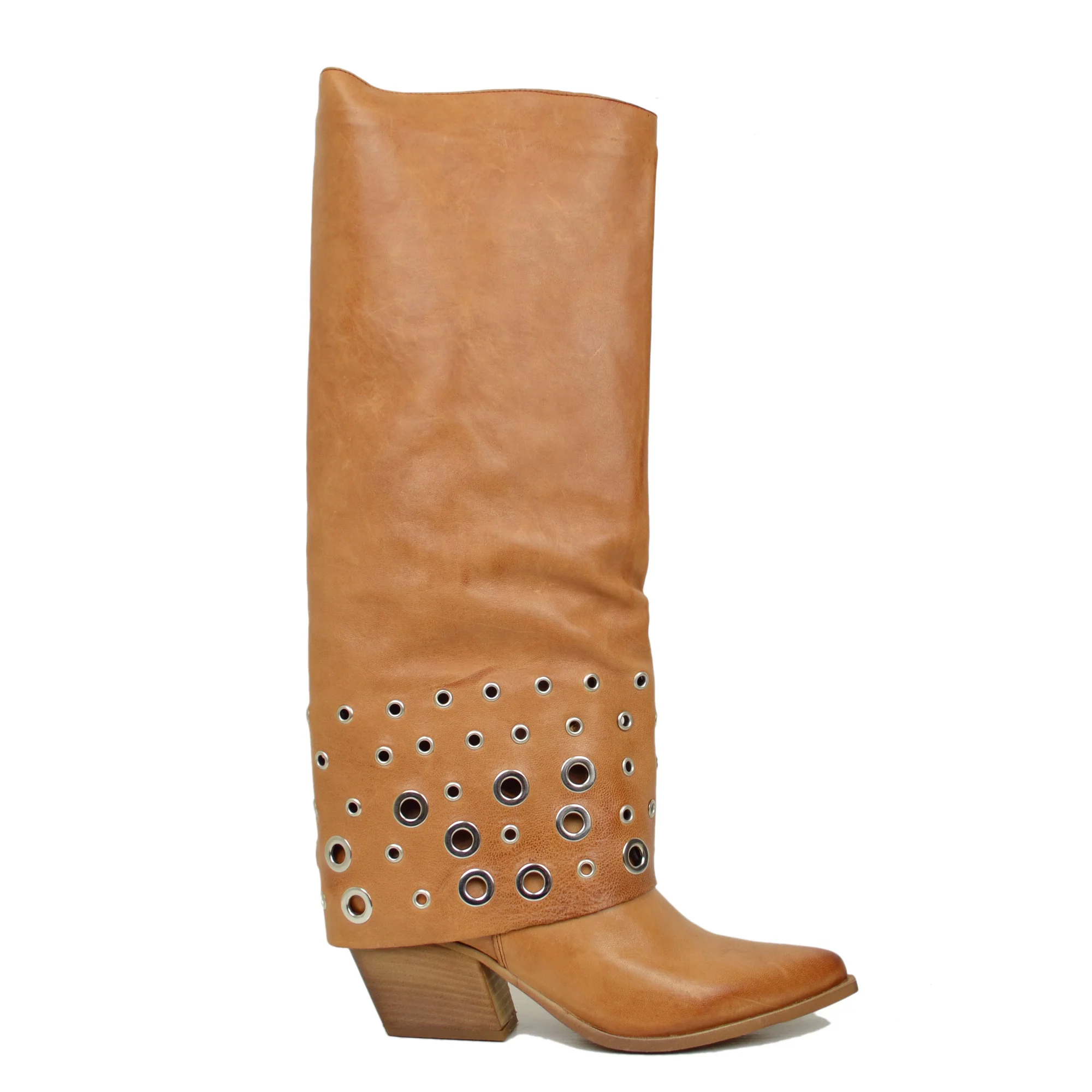 Stivali con Ghetta e Borchie Argentate a Cerchio Rock Vera Pelle Rag Cuoio - immagine 3