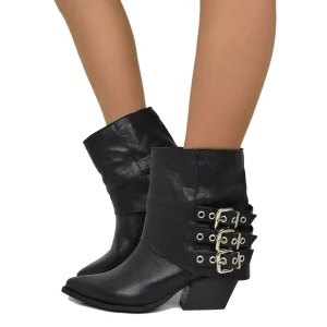 Texanini con Ghetta e Fibbie Argentate Grintosi Vera Pelle Nera