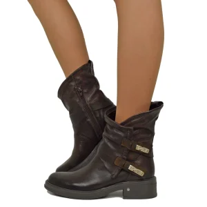 Biker Vera Pelle Effetto Washed Caviglia Ampia Fondo Gomma