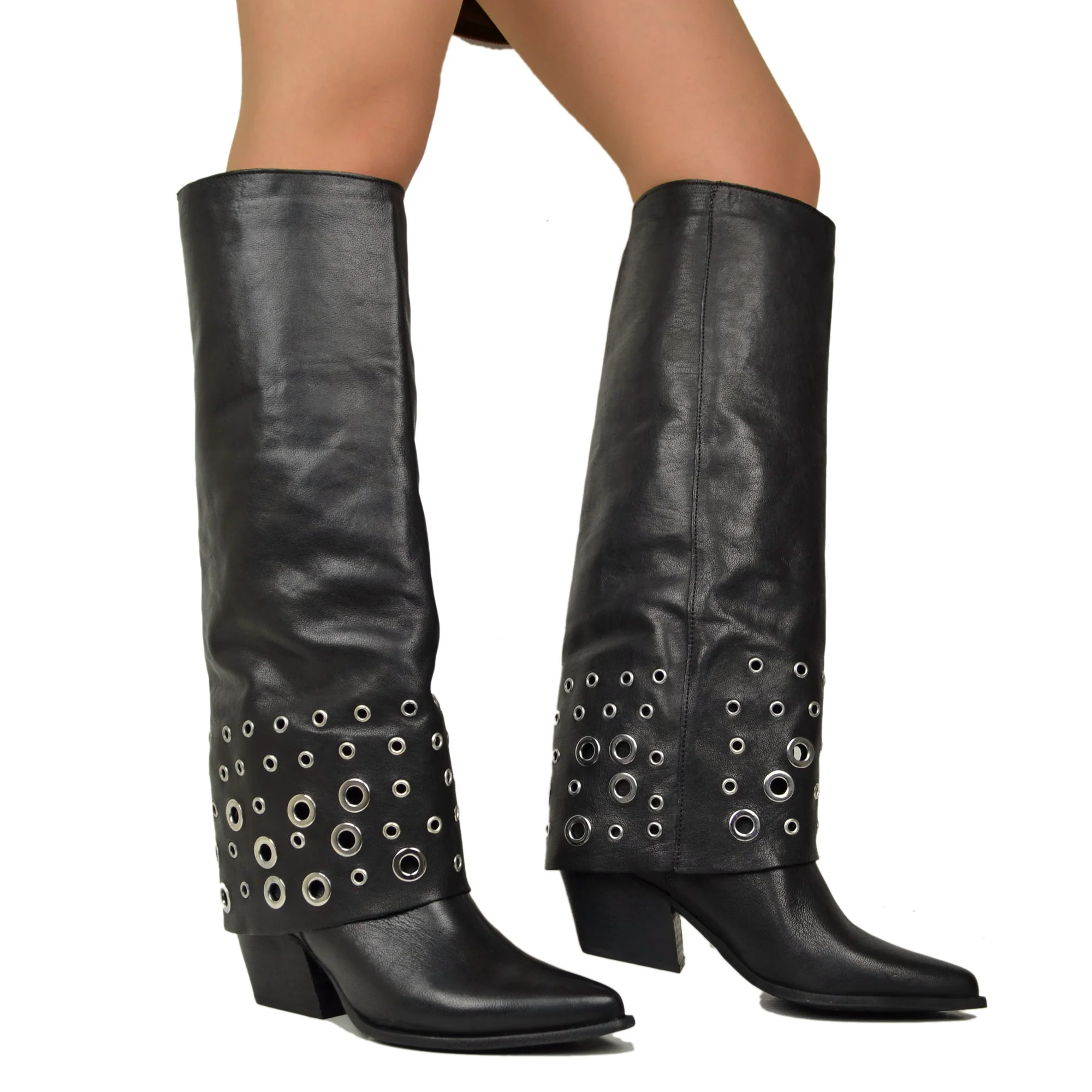 Stivali con Ghetta e Borchie Argentate a Cerchio Rock Vera Pelle Nera - immagine 5