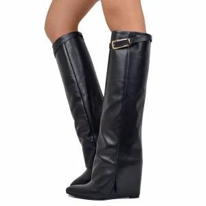 Stivali con Ghetta e Fibbia Dorata Zeppa Alta 9 Cm VERA PELLE