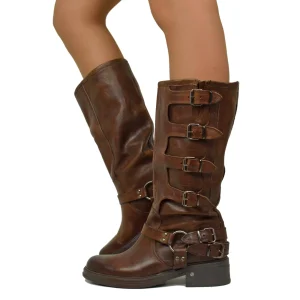 Biker Police 5 Fibbie Punta Stondata Pelle effetto Bagnato