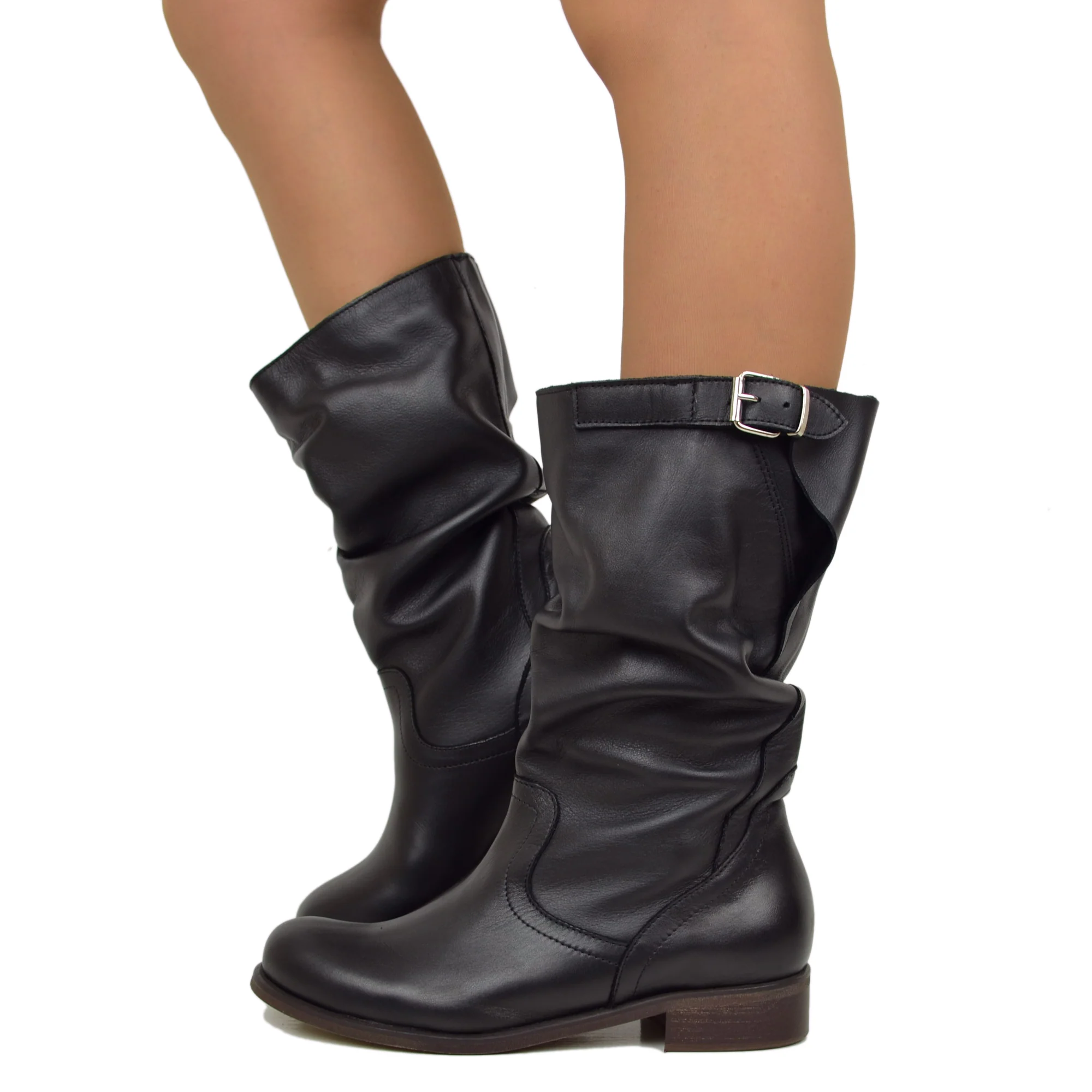 Stivali Biker Comodi a Metà Polpaccio in Vera Pelle Nera - immagine 2