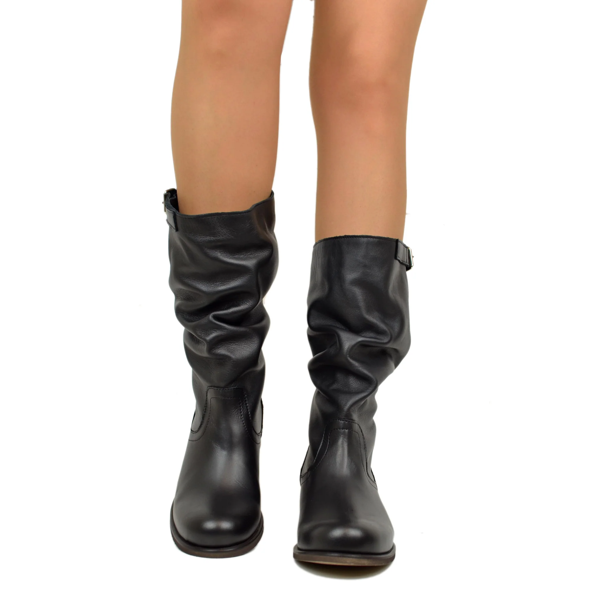 Stivali Biker Comodi a Metà Polpaccio in Vera Pelle Nera - immagine 4