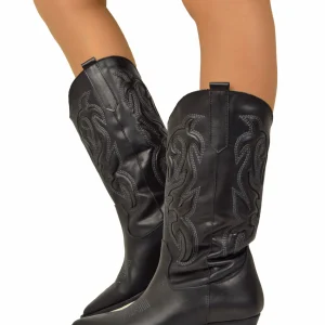 Texani Trapuntati Vera Pelle Nera Punta Lunga a Cuore Tacco 5 cm Stivali Cowboy