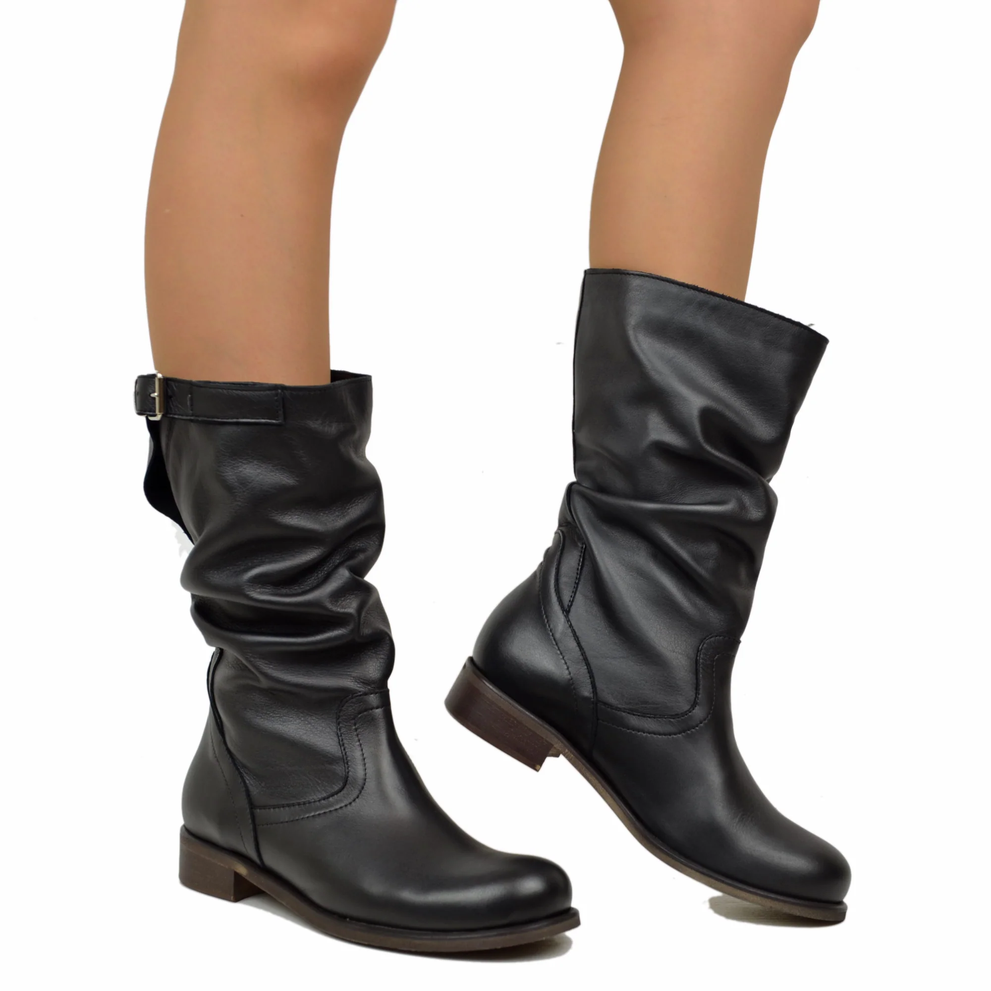 Stivali Biker Comodi a Metà Polpaccio in Vera Pelle Nera - immagine 5