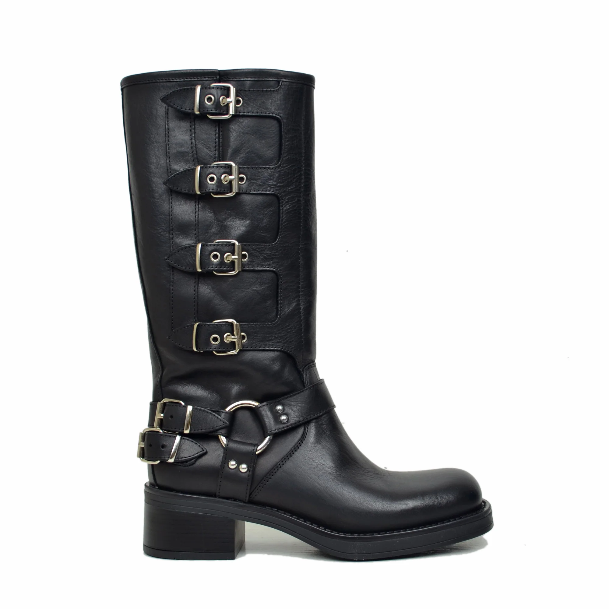 Stivali Biker con 5 Fibbie Punta Squadrata Neri in Pelle - immagine 3