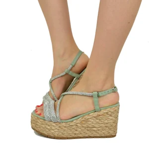 Zeppe Sandali Donna con Strass e Zeppa in Rafia Intrecciata Verde Acqua