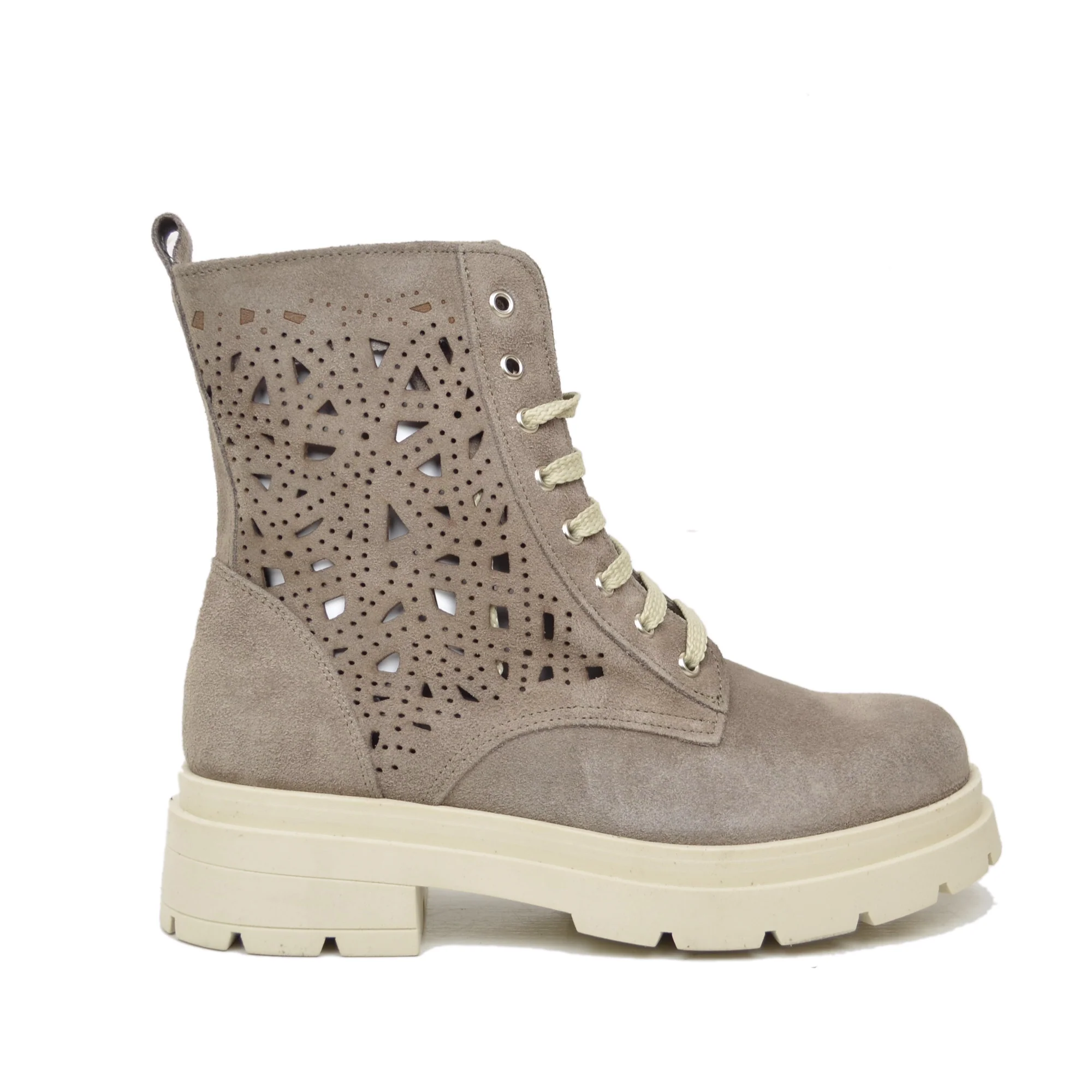 Anfibi Stringati Estivi Traforati Platform Pelle Scamosciati Taupe - immagine 3