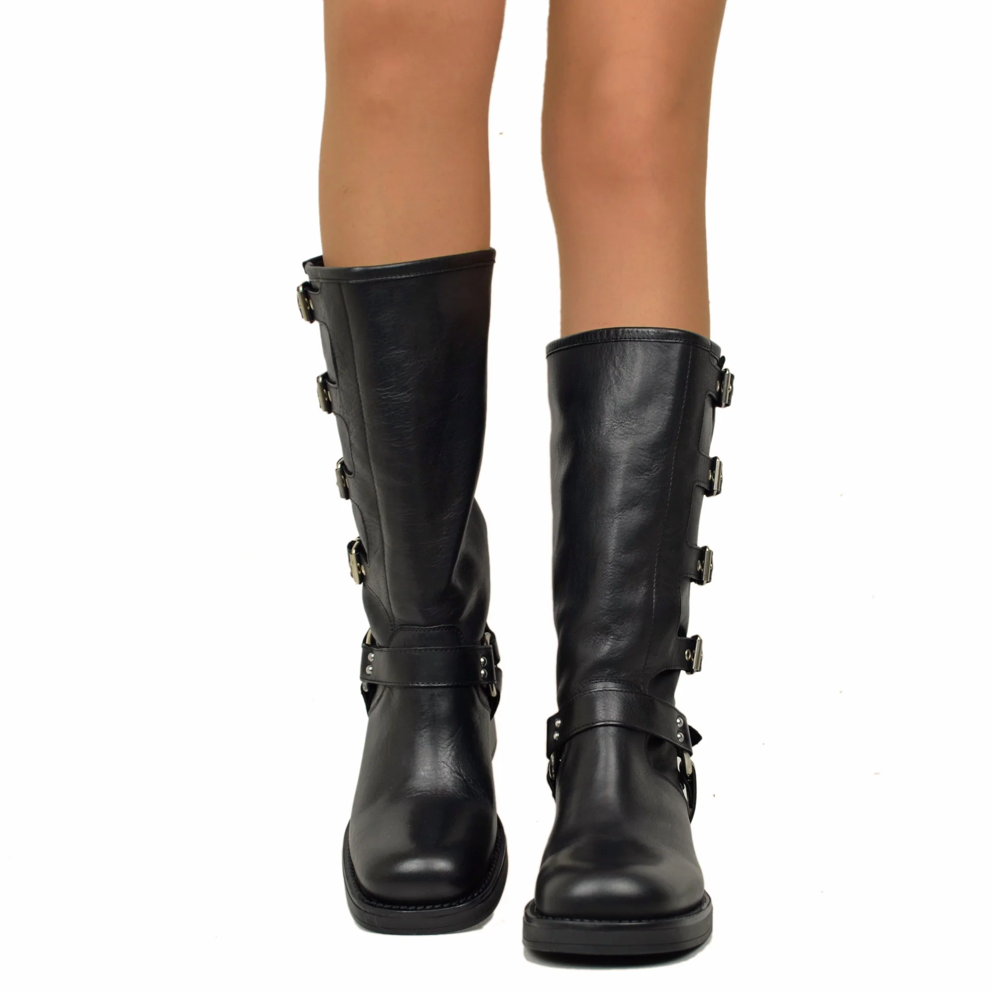 Stivali Biker con 5 Fibbie Punta Squadrata Neri in Pelle - immagine 4