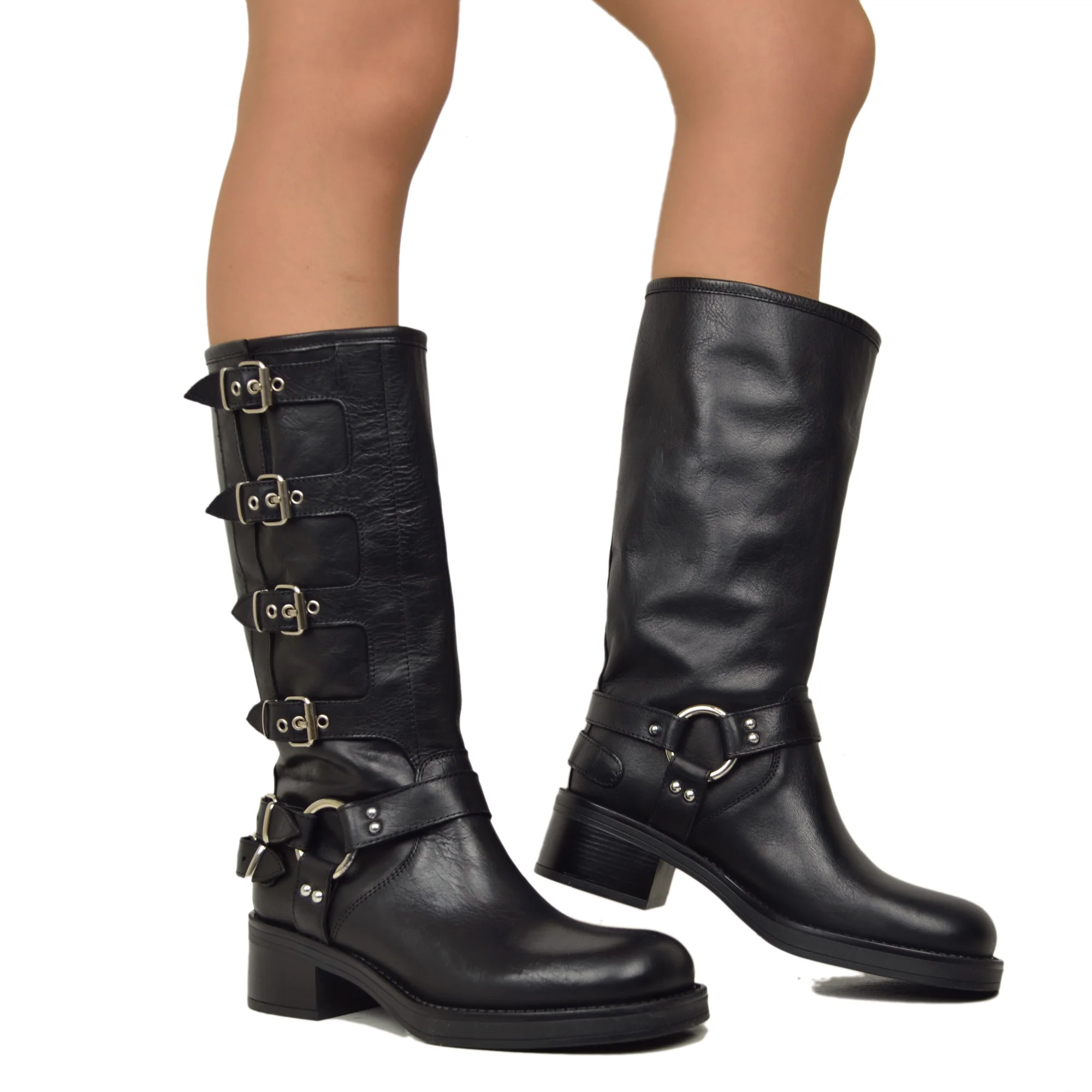 Stivali Biker con 5 Fibbie Punta Squadrata Neri in Pelle - immagine 5
