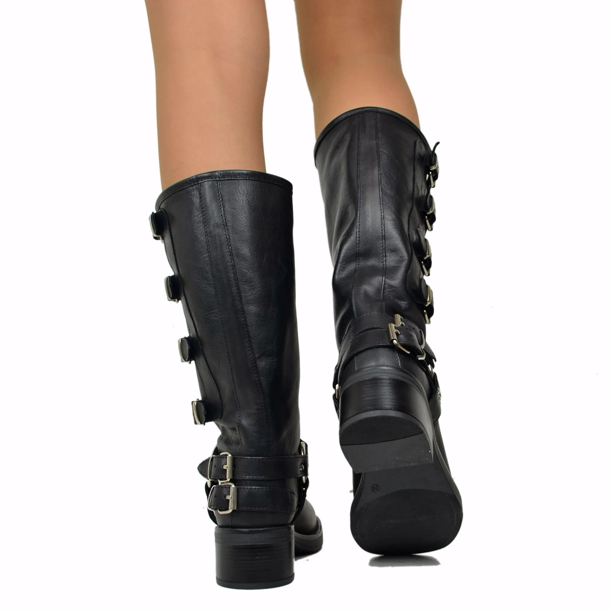 Stivali Biker con 5 Fibbie Punta Squadrata Neri in Pelle - immagine 6