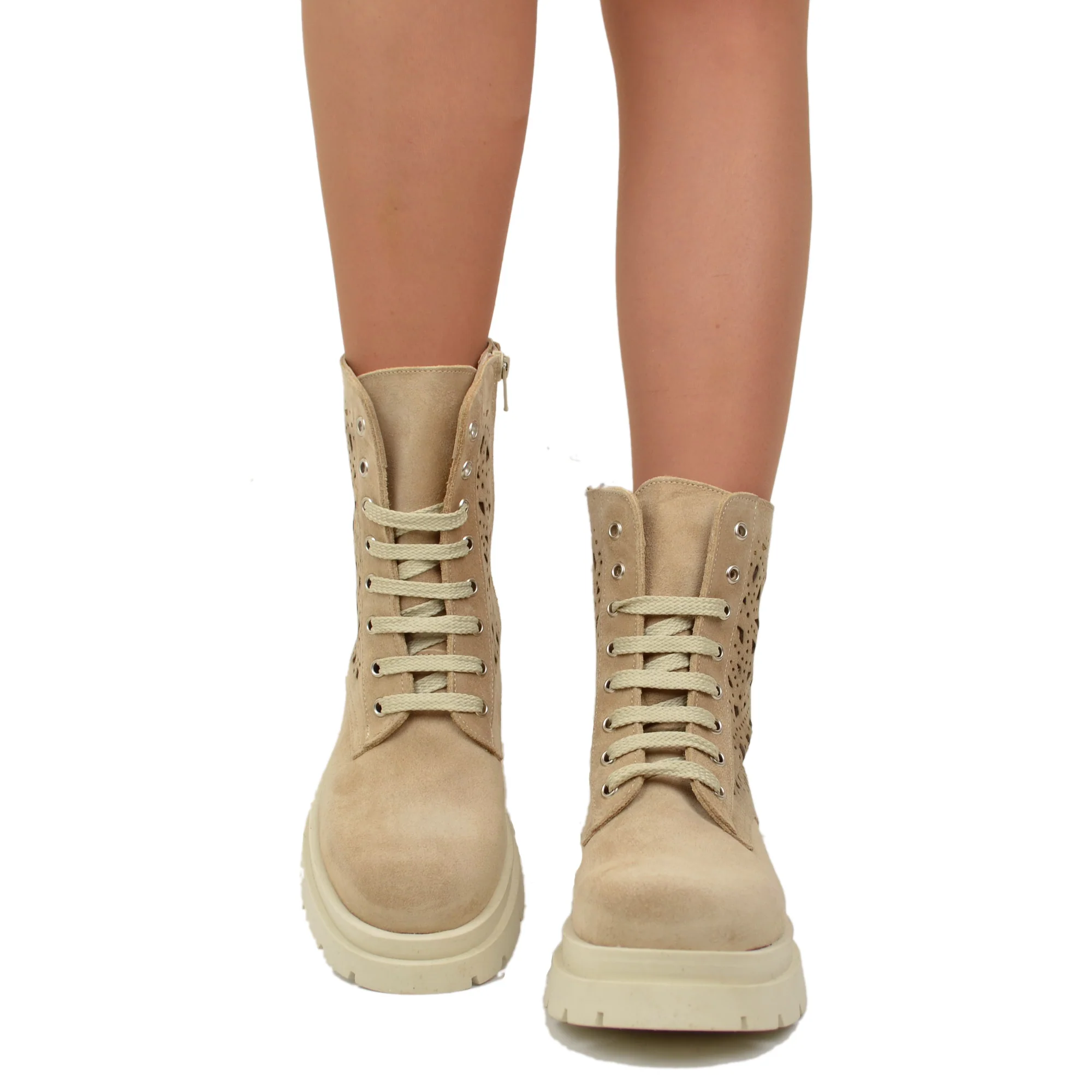 Anfibi Stringati Estivi Traforati Platform Pelle Scamosciati Beige - immagine 4