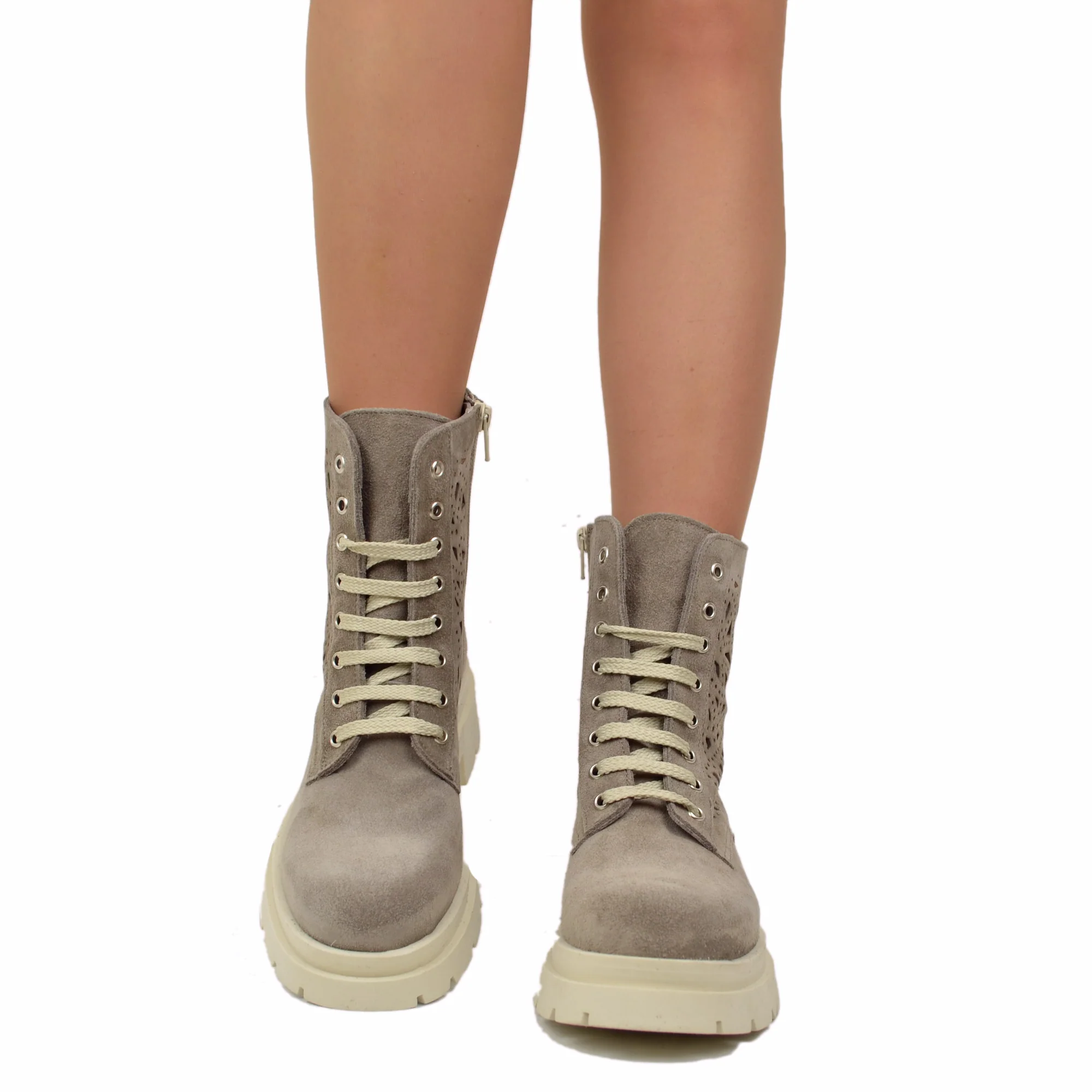 Anfibi Stringati Estivi Traforati Platform Pelle Scamosciati Taupe - immagine 4