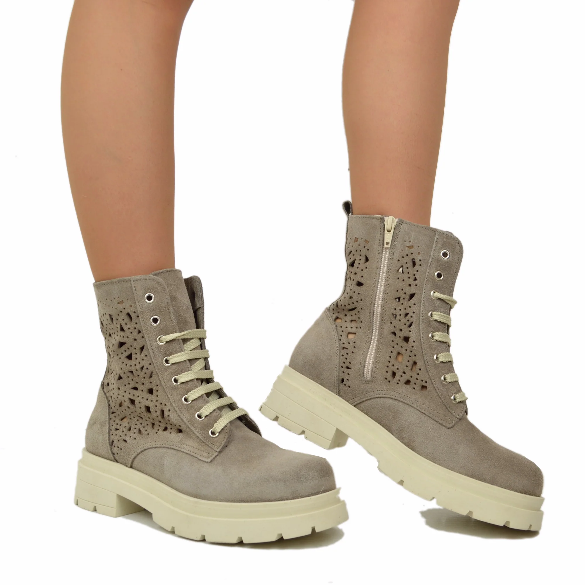 Anfibi Stringati Estivi Traforati Platform Pelle Scamosciati Taupe - immagine 5