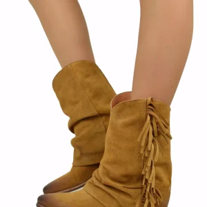 Texani Pelle Scamosciata con Ghetta e Frange Fondo VERO CUOIO Bruciato