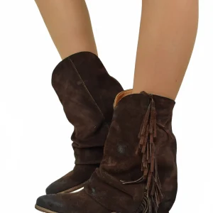 Texani Pelle Scamosciata con Ghetta e Frange Fondo VERO CUOIO Marrone Scuro