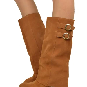 Stivali con Ghetta Punta Tonda TAcco 8 cm Pelle Scamosciata Cuoio