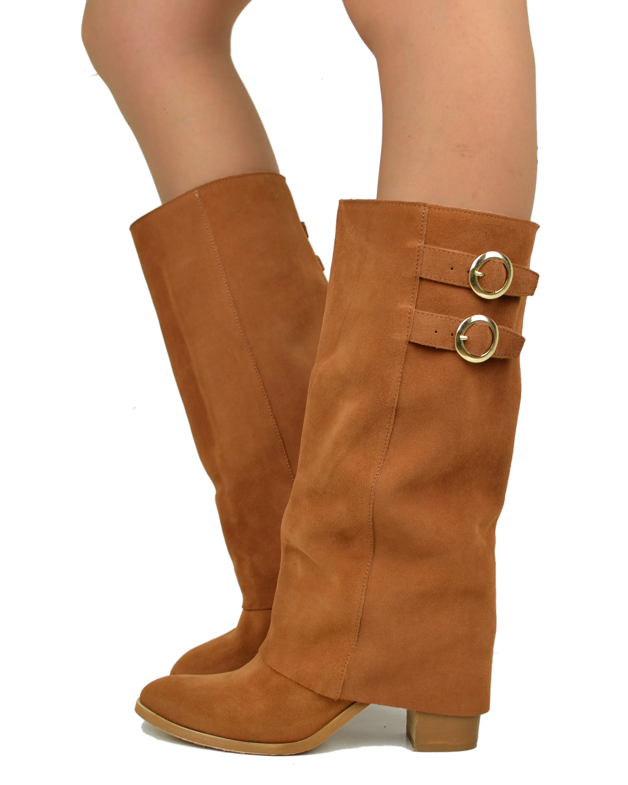 Stivali con Ghetta Punta Tonda TAcco 8 cm Pelle Scamosciata Cuoio