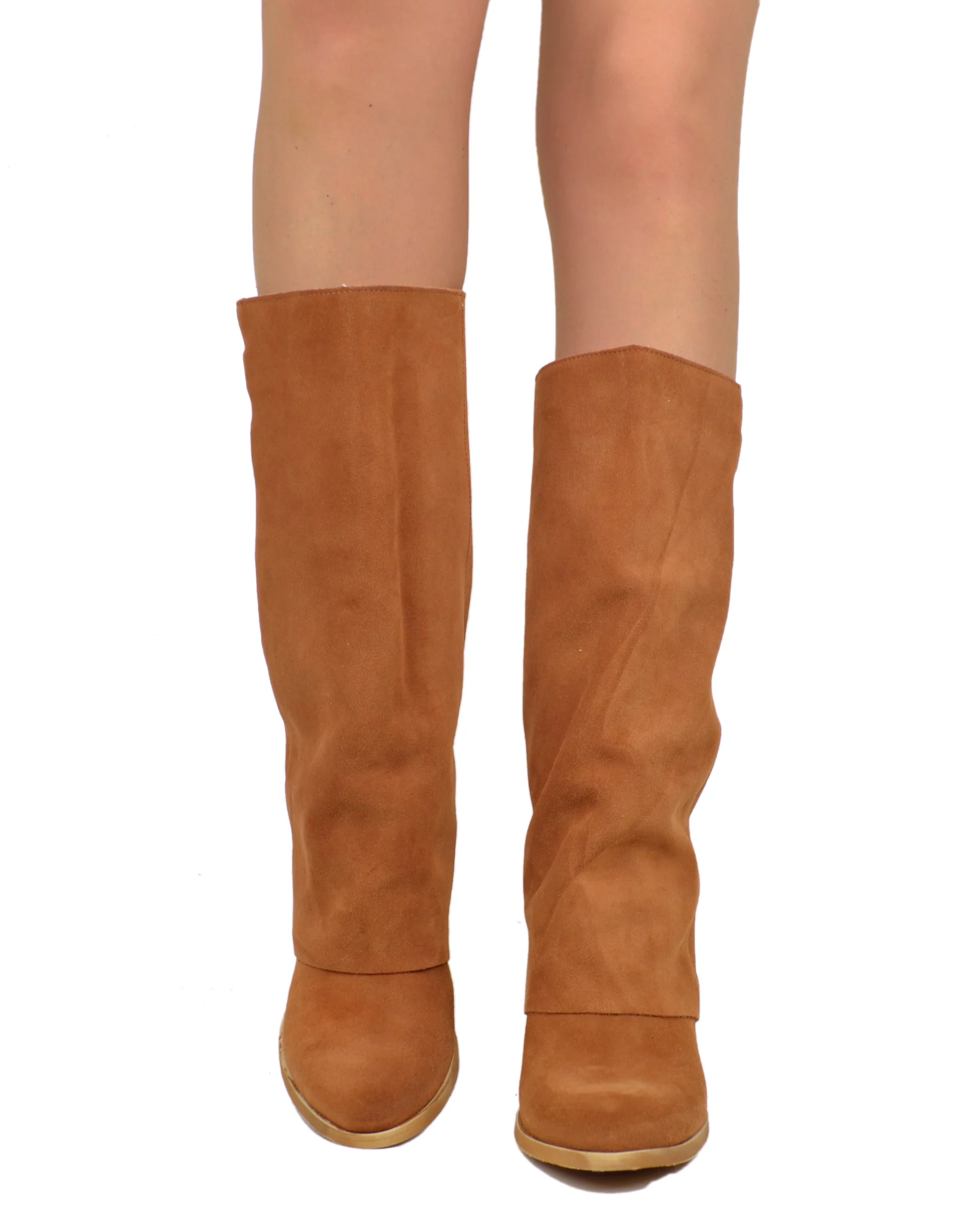 Stivali con Ghetta Punta Tonda TAcco 8 cm Pelle Scamosciata Cuoio - immagine 5