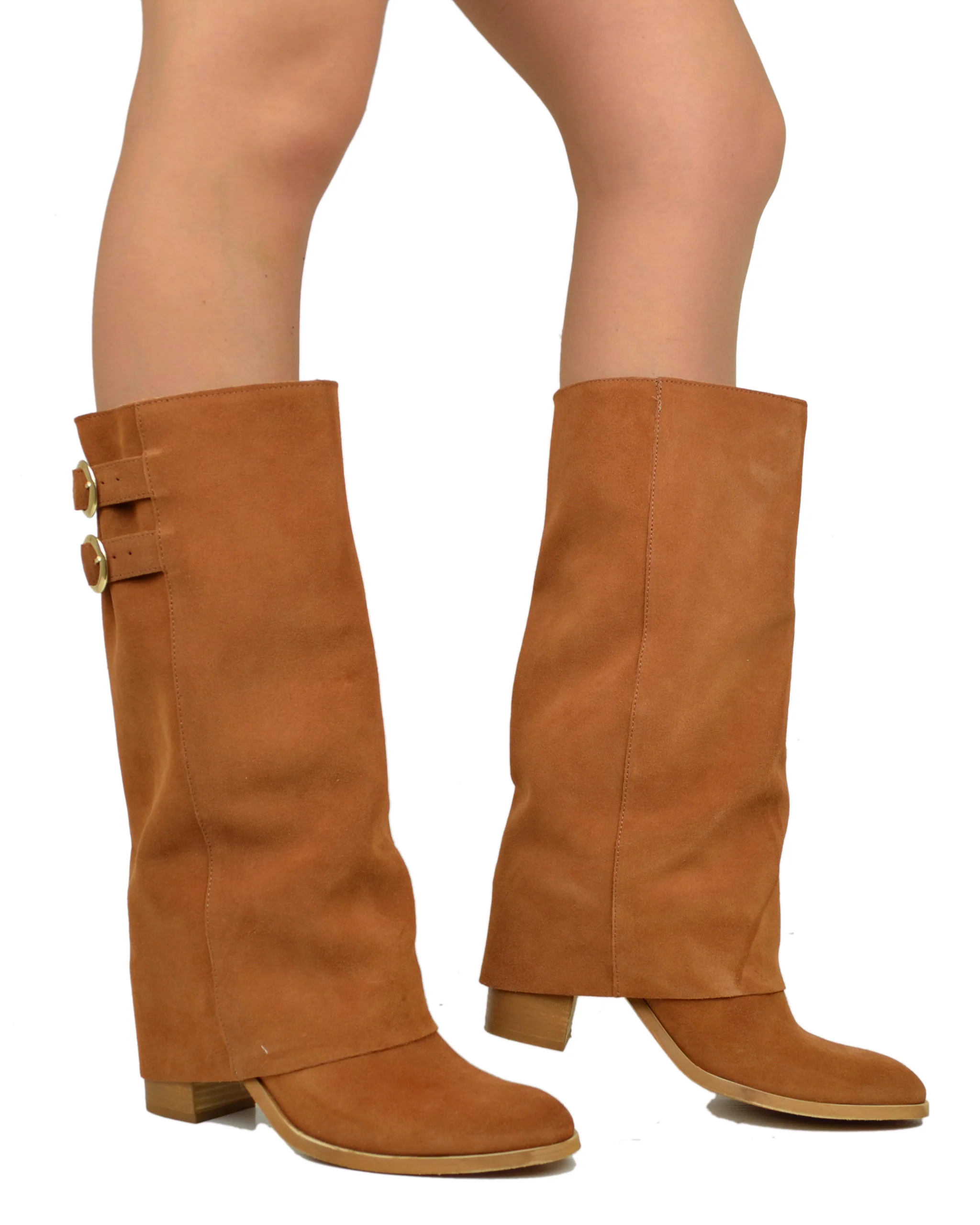 Stivali con Ghetta Punta Tonda TAcco 8 cm Pelle Scamosciata Cuoio - immagine 6