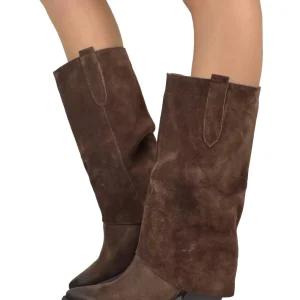 Texani con Ghetta Cioccolato Tacco Medio Vera Pelle Scamosciata Artigianali Marroni