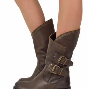 Stivali Biker con Polpaccio Ampio e Regolabile con Zip Vera Pelle Marroni