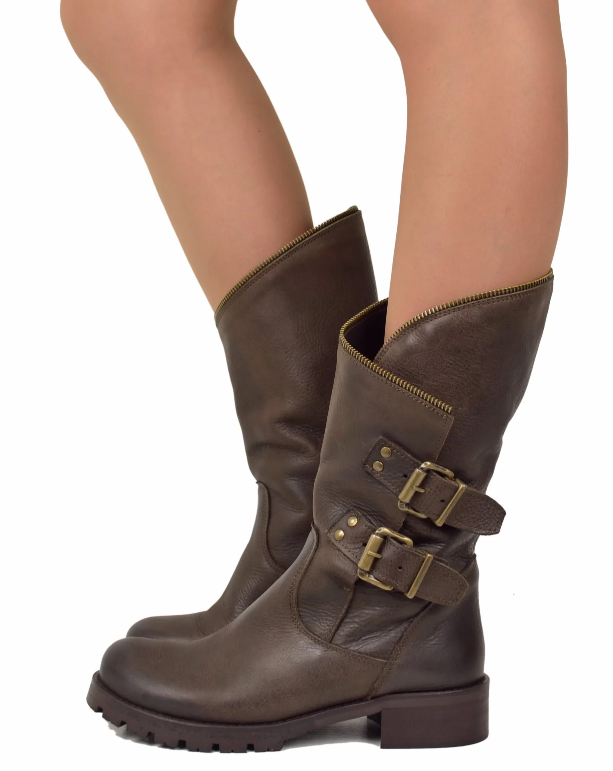 Stivali Biker con Polpaccio Ampio e Regolabile con Zip Vera Pelle Marroni