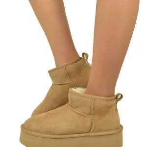 Stivali con Pelo in Vero Montone Platform Boots Camel