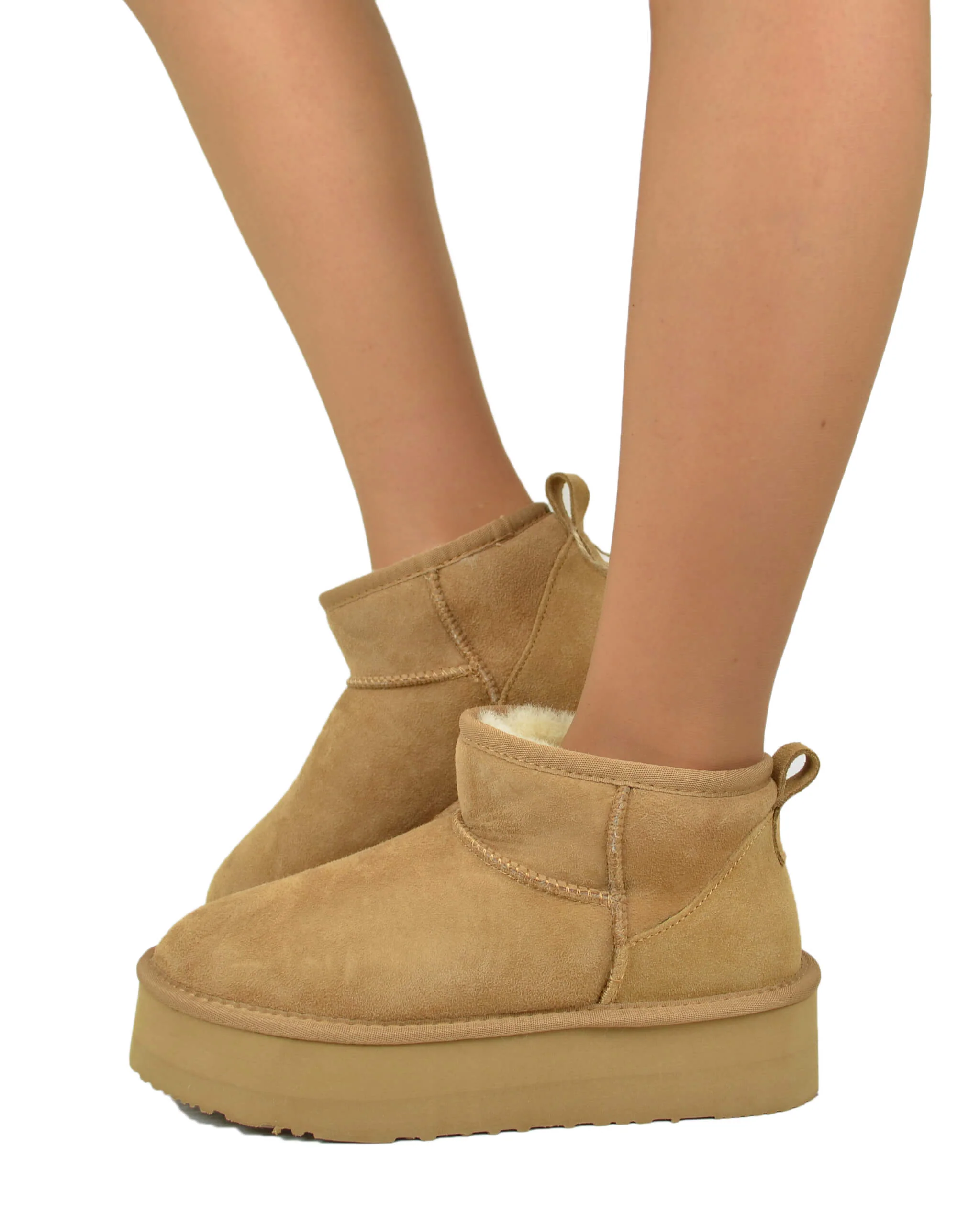 Stivali con Pelo in Vero Montone Platform Boots Camel