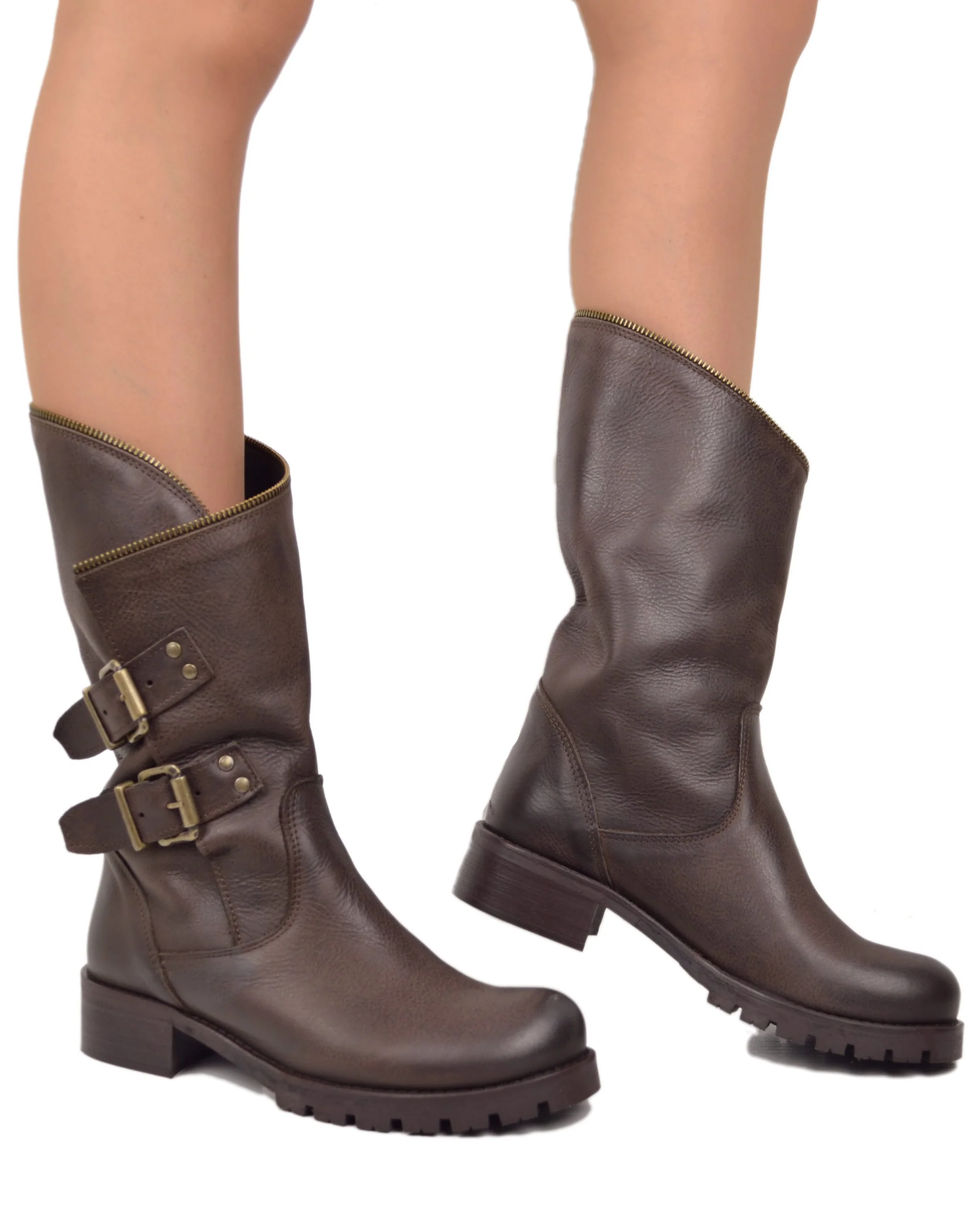 Stivali Biker con Polpaccio Ampio e Regolabile con Zip Vera Pelle Marroni - immagine 6