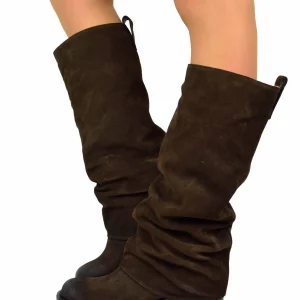 Stivali Biker con Ghetta Punta Quadrata Pelle Scamosciata Marrone