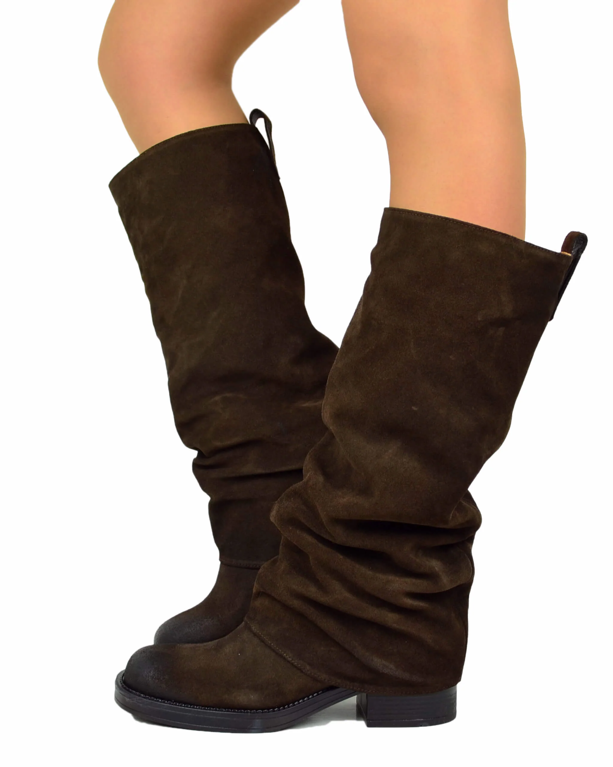 Stivali Biker con Ghetta Punta Quadrata Pelle Scamosciata Marrone