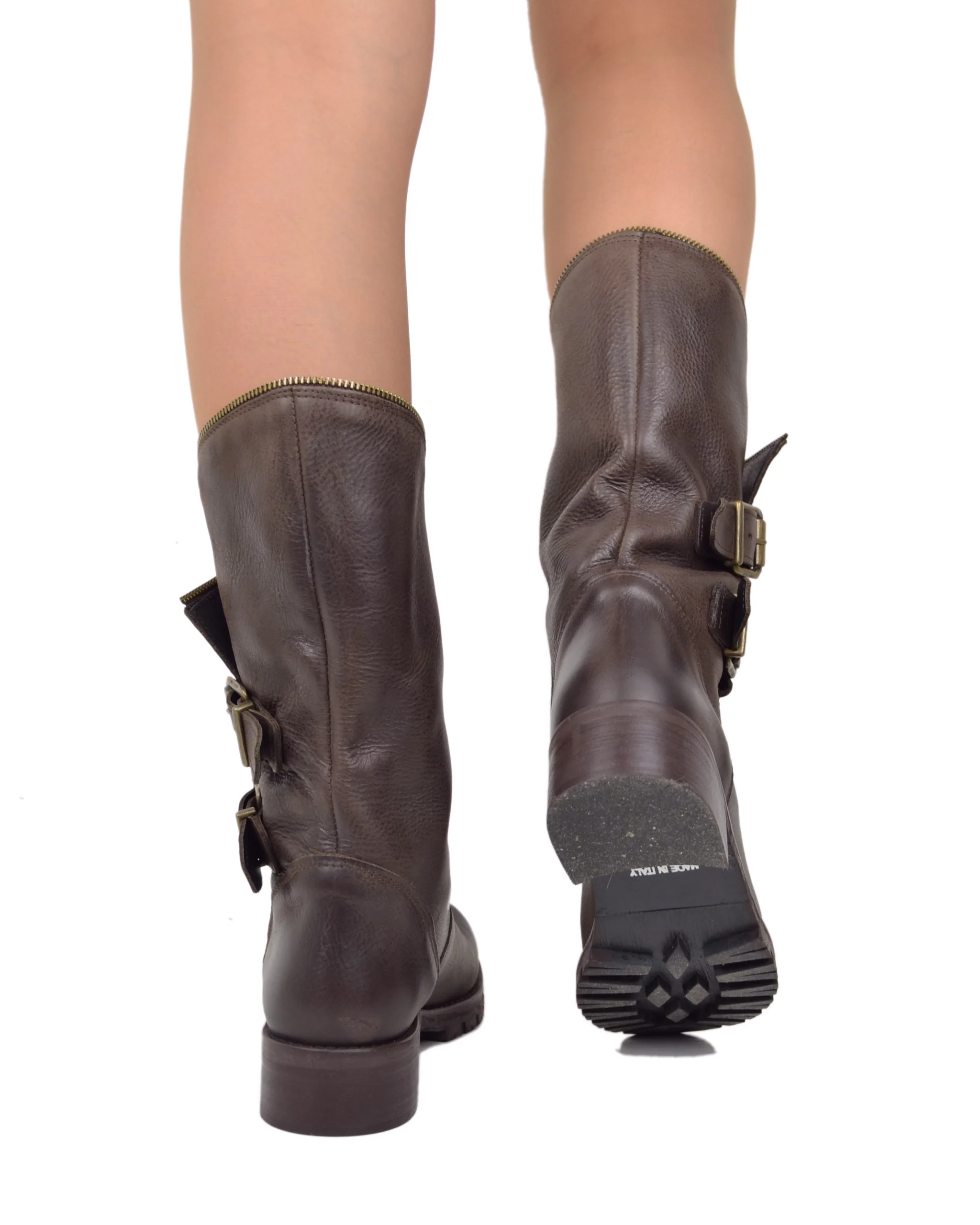 Stivali Biker con Polpaccio Ampio e Regolabile con Zip Vera Pelle Marroni - immagine 7