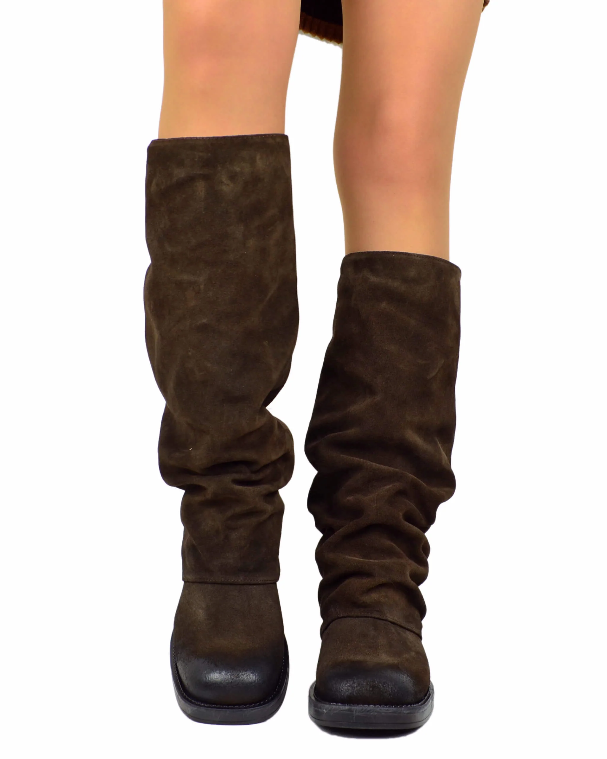 Stivali Biker con Ghetta Punta Quadrata Pelle Scamosciata Marrone - immagine 4