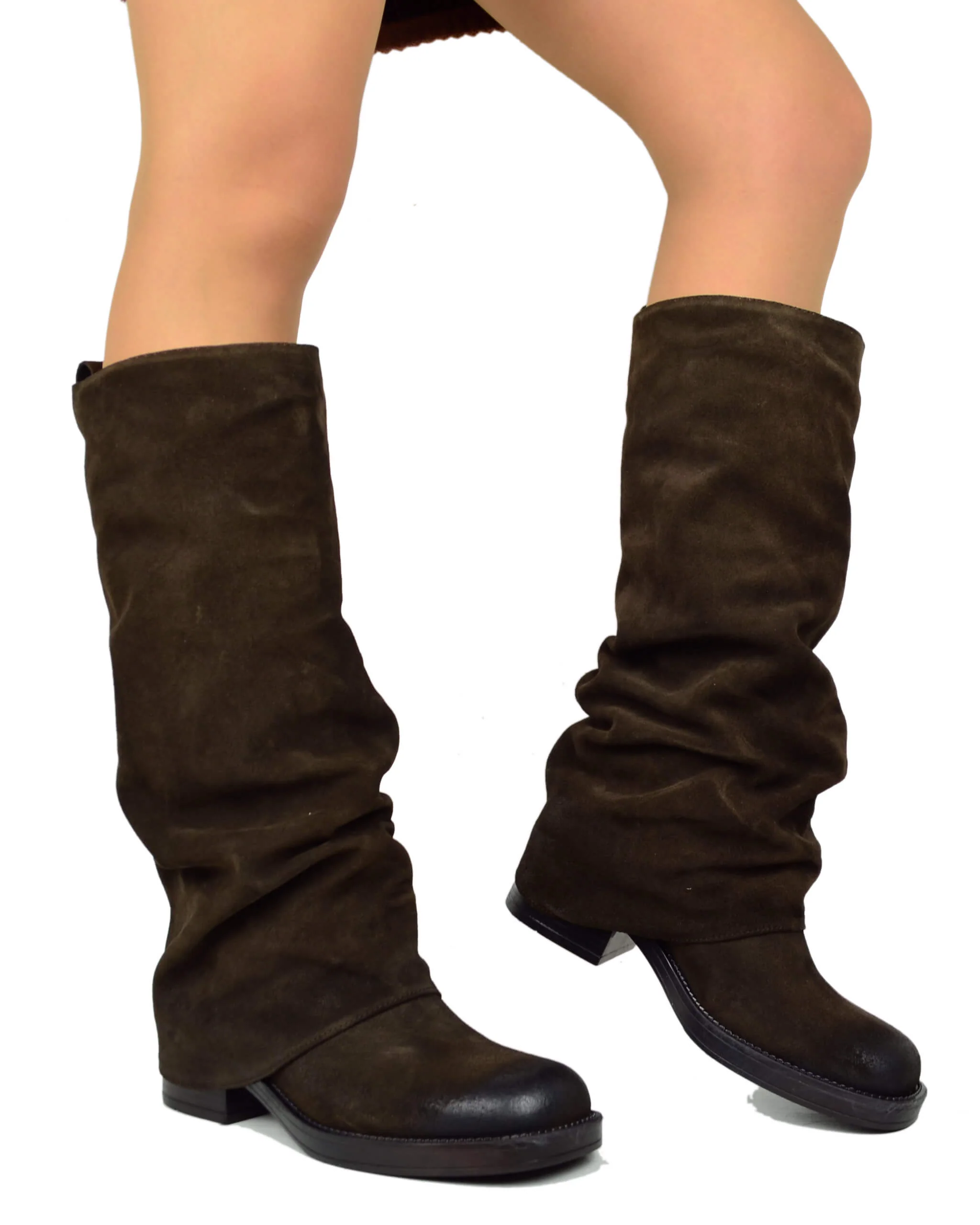 Stivali Biker con Ghetta Punta Quadrata Pelle Scamosciata Marrone - immagine 5