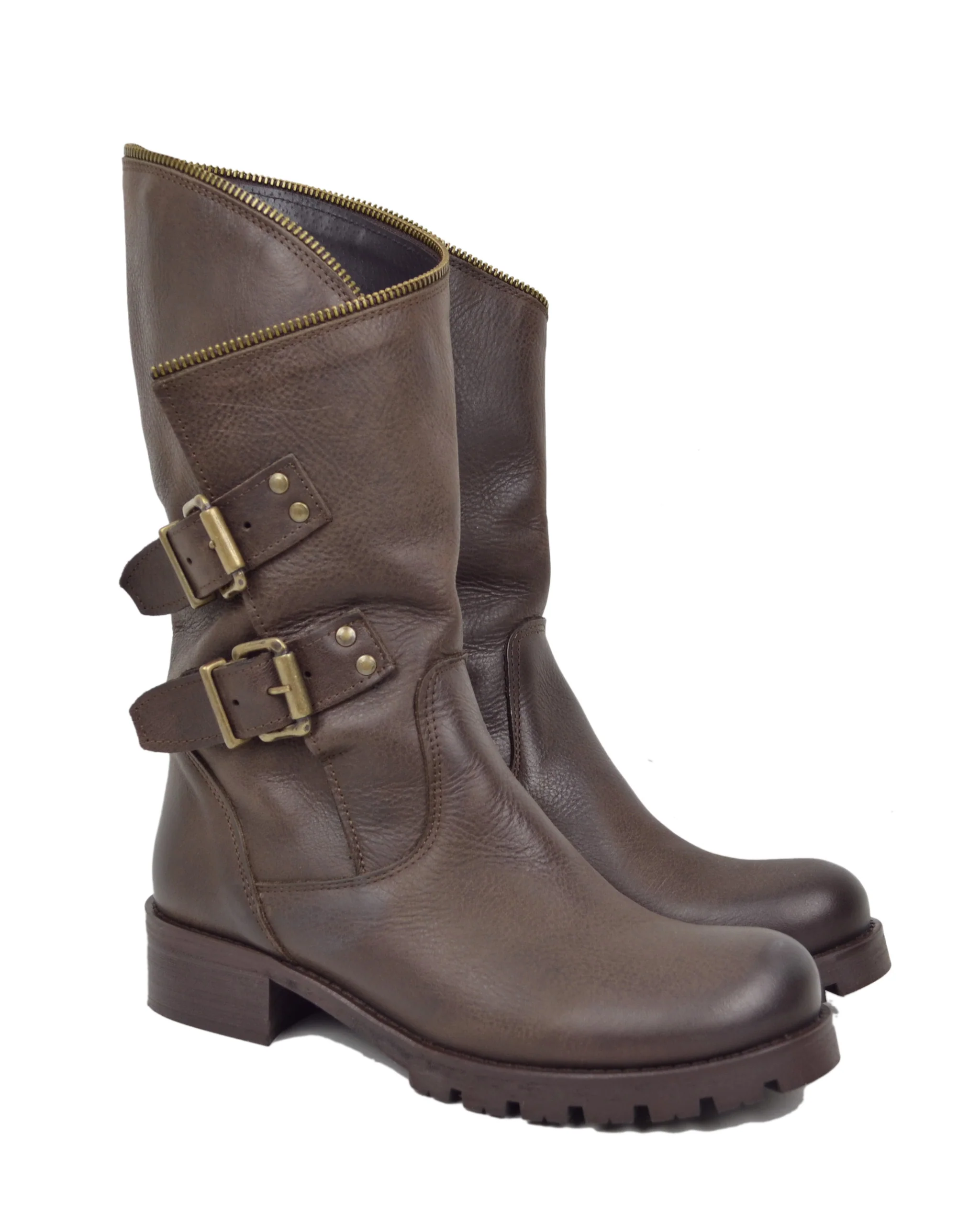 Stivali Biker con Polpaccio Ampio e Regolabile con Zip Vera Pelle Marroni - immagine 3